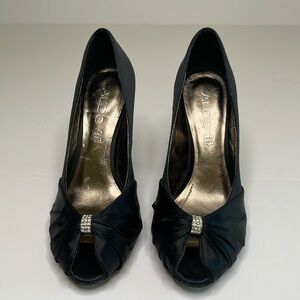 Aldo size 38 (Euro), 7 1/2 (US) black satin peep toe shoes w/ 4” heels